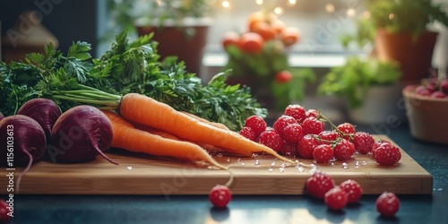 Fresh Beet and Carrot Juice on Rustic Wooden Table photo