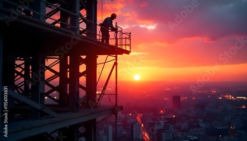 A silhouetted worker on skyscraper scaffolding at sunset with a cityscape backdrop. photo