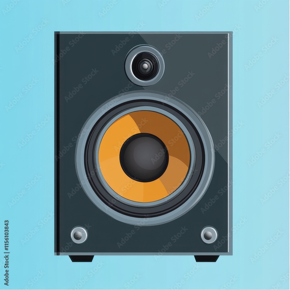 A sleek black speaker with an orange cone on a light blue background, perfect for music enthusiasts. A sleek black speaker with an orange cone on a light blue background, perfect for music enthusiasts.