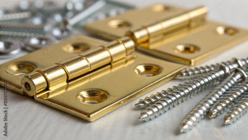 Closeup view of a collection of shiny brass hinges their intricate details glimmering under a soft light paired with a variety of silver screws tered around them. Closeup view of a collection of shiny brass hinges their intricate details glimmering under a soft light paired with a variety of silver screws tered around them.