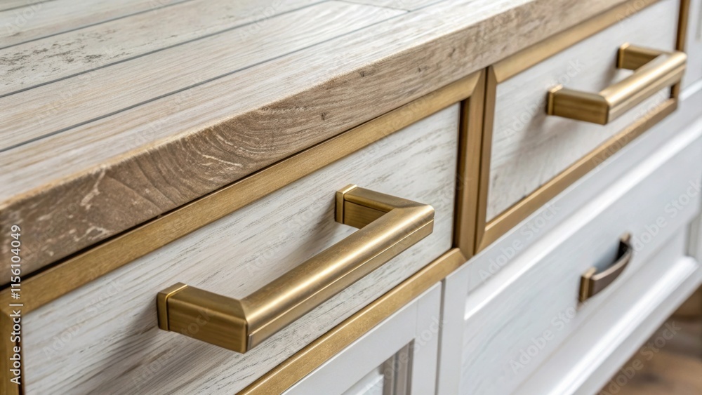 Closeup of two modern geometric recessed handles in a satin brass finish gleaming softly against a backdrop of a rustic whitewashed wood counter merging contemporary and farmhouse Closeup of two modern geometric recessed handles in a satin brass finish gleaming softly against a backdrop of a rustic whitewashed wood counter merging contemporary and farmhouse