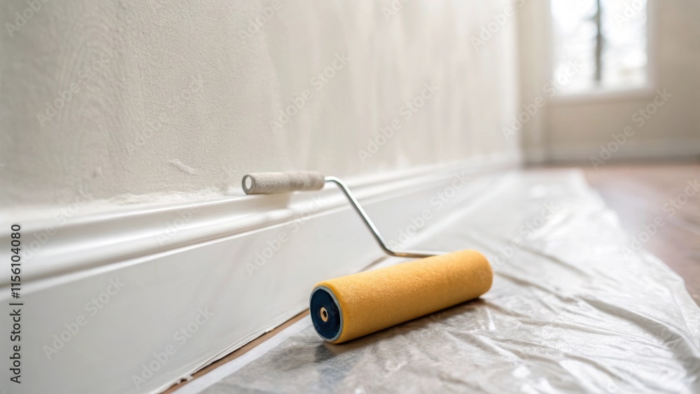 Closeup of the wall displaying a remarkably smooth and even primed surface with a paint roller lying on a thinned out drop cloth its color echoing the walls fresh coat. Closeup of the wall displaying a remarkably smooth and even primed surface with a paint roller lying on a thinned out drop cloth its color echoing the walls fresh coat.
