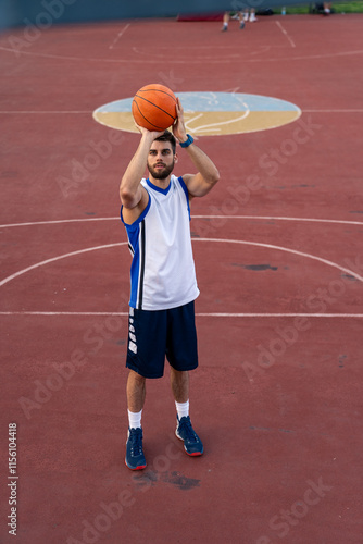 Caucasian male athlete in white jersey and navy shorts practices basketball shooting technique on outdoor court, displaying professional form with orange ball. photo