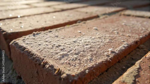 Close proximity to a brick that has been partially coated with a thin layer of dust the details of its imperfections coming to life under the light. photo