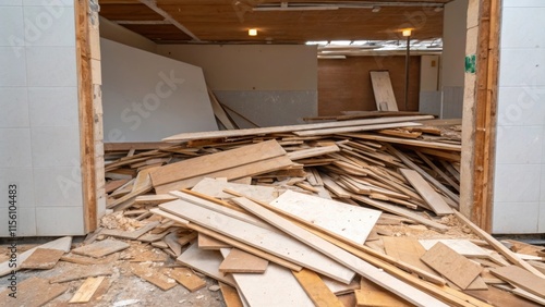 Broken pieces of plywood and leftover drywall are stacked haphazardly creating a makeshift barrier that separates the renovated area from the chaos of the debris. photo