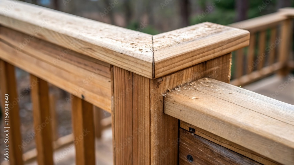 A wooden railing corner joint showcasing the gaps where the pieces meet with splinters and sawdust still evident from recent s. A wooden railing corner joint showcasing the gaps where the pieces meet with splinters and sawdust still evident from recent s.