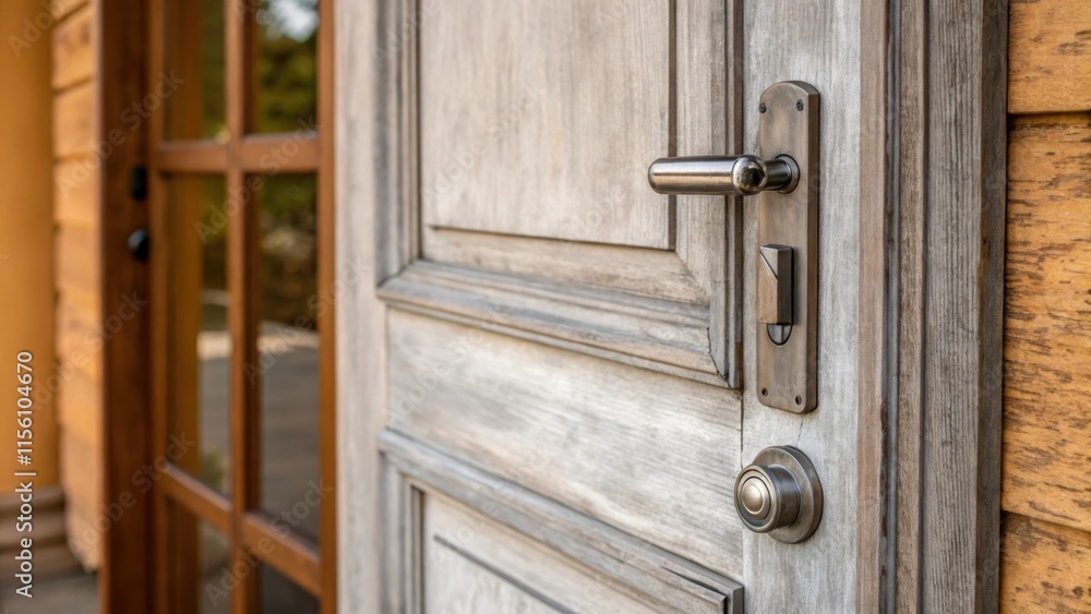 A weathered yet elegantly finished prehung door leans slightly to reveal a glimpse of its brushed nickel hardware contrasting beautifully against a backdrop of warm muted tones. A weathered yet elegantly finished prehung door leans slightly to reveal a glimpse of its brushed nickel hardware contrasting beautifully against a backdrop of warm muted tones.