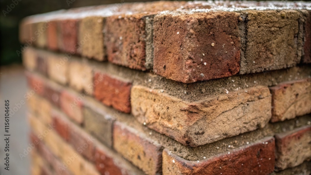 A weathered brick corner showcasing the rugged texture and earthy hues complemented by tiny specks of dust that add to its rustic appeal. A weathered brick corner showcasing the rugged texture and earthy hues complemented by tiny specks of dust that add to its rustic appeal.