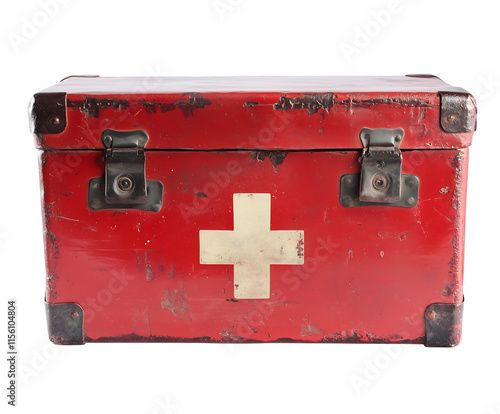 Vintage red metal first aid kit with a white cross emblem, showcasing wear and history. Isolated on transparent white background, png	
 photo