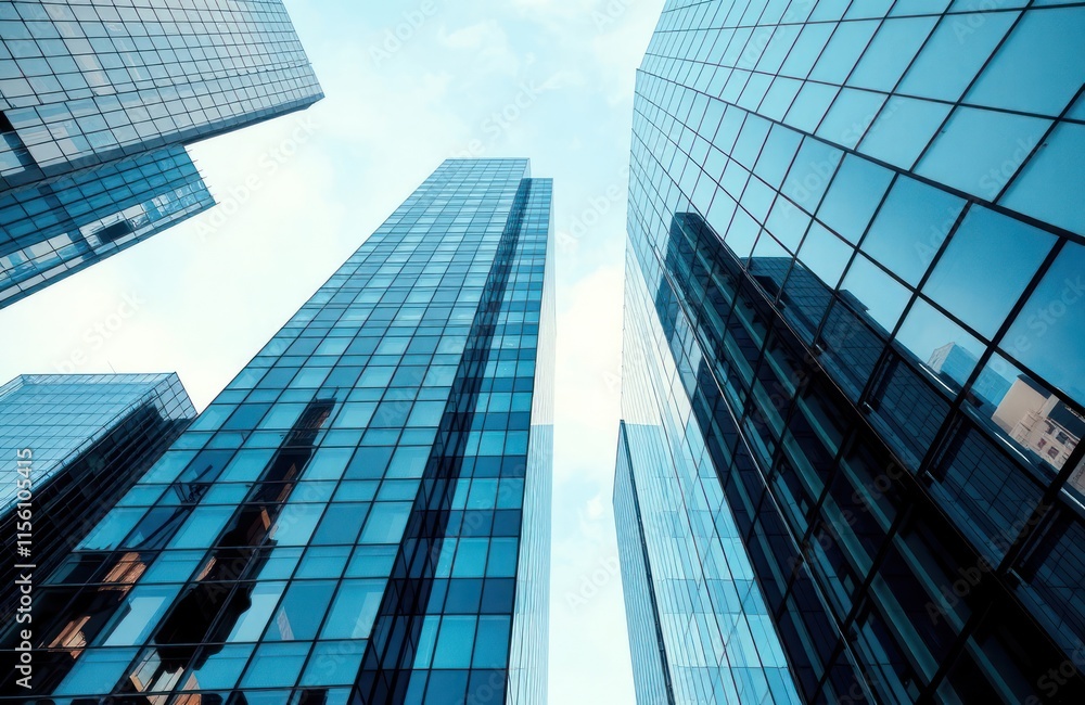 Modern glass office buildings with geometric patterns stand tall against light sky. Reflections of buildings, sky visible on facades. City scene displays vertical lines, structure. Business, urban Modern glass office buildings with geometric patterns stand tall against light sky. Reflections of buildings, sky visible on facades. City scene displays vertical lines, structure. Business, urban