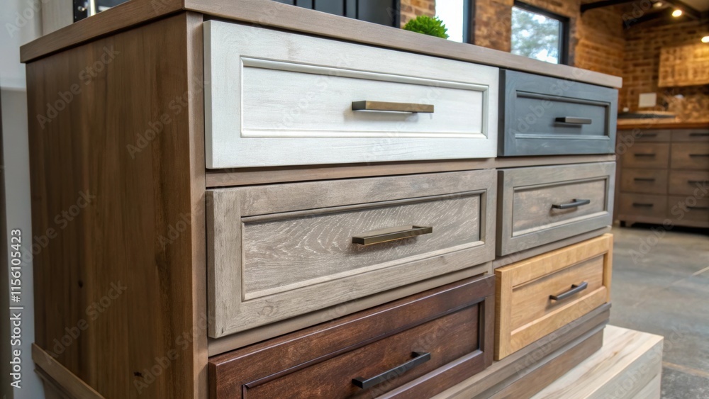 A stack of cabinetry drawers showcases a mix of styles from modern to rustic each with unique finishes that hint at the transformation of the living space. A stack of cabinetry drawers showcases a mix of styles from modern to rustic each with unique finishes that hint at the transformation of the living space.