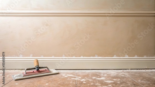 A soft creamy wall surface stretches across the frame highlighting a particular smoothing tool perched on the floor still bearing traces of fresh plaster. photo