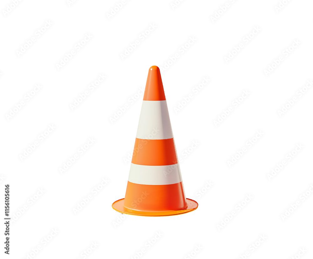 A bright orange traffic cone with white stripes, symbolizing caution and road safety. Isolated on transparent white background, png A bright orange traffic cone with white stripes, symbolizing caution and road safety. Isolated on transparent white background, png