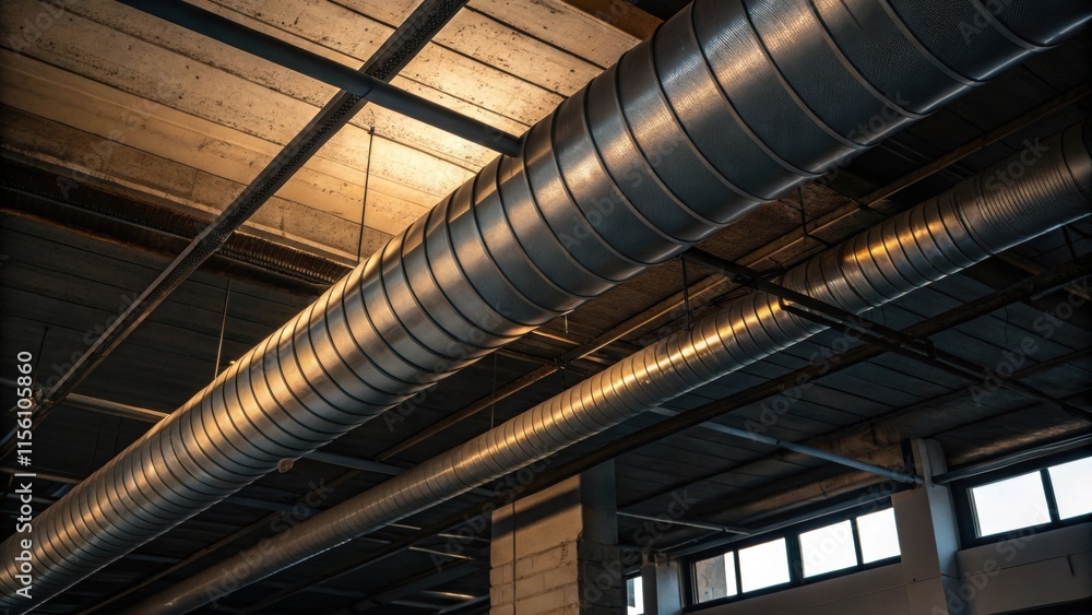 A section of a ceiling displaying a winding duct path casting deep shadows against the surface and creating an interplay of light and dark that enhances the industrial character of A section of a ceiling displaying a winding duct path casting deep shadows against the surface and creating an interplay of light and dark that enhances the industrial character of