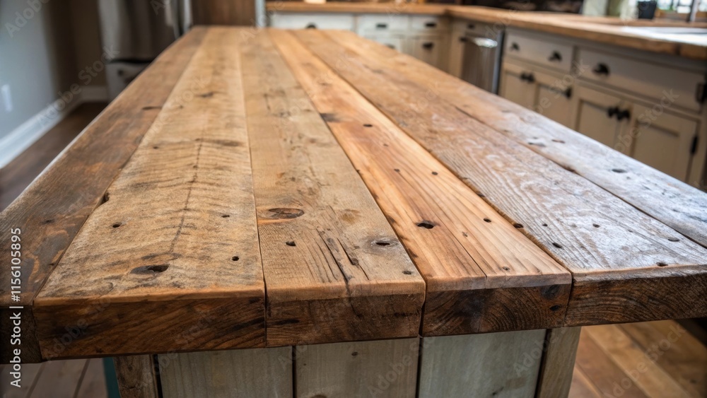 A rustic reclaimed wood countertop characterized by its knotted imperfections and textured surface A rustic reclaimed wood countertop characterized by its knotted imperfections and textured surface