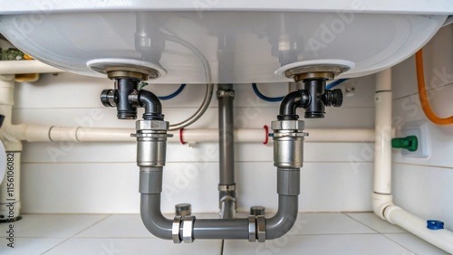 A peek at the underside of the sink reveals wellorganized plumbing connections with sy brackets and connectors that promise longevity amidst the renovation.