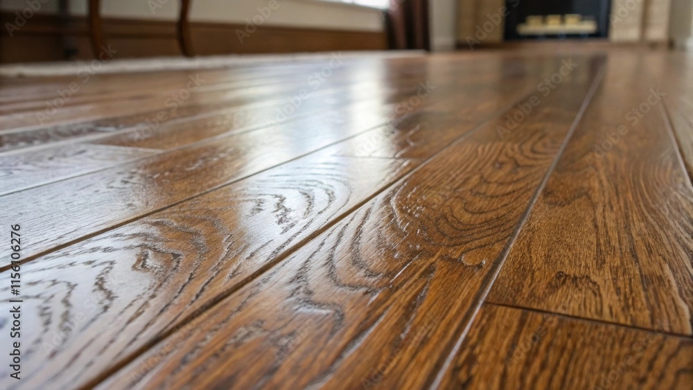 An upclose perspective of the surface of a laminate flooring plank showcasing its glossy finish and the way light plays off its intricate wood grain. An upclose perspective of the surface of a laminate flooring plank showcasing its glossy finish and the way light plays off its intricate wood grain.