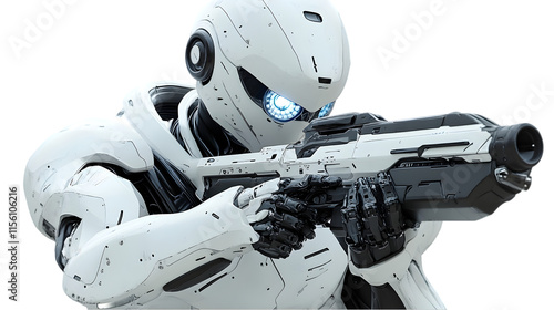 Futuristic White Robot Soldier Aiming Gun  Sci Fi  Cyberpunk  Military  Weapon  Technology photo