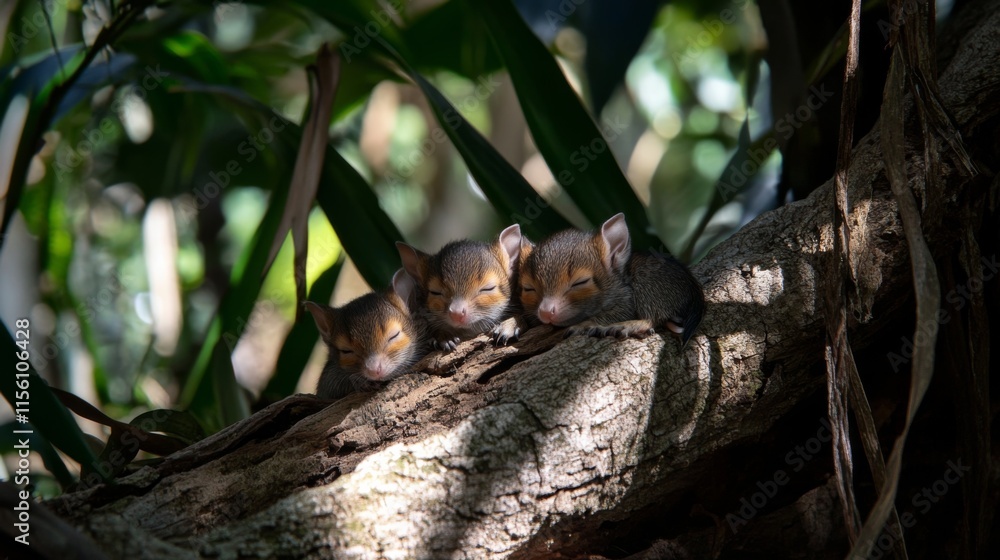 Obraz premium Adorable Baby Squirrels Nestled Together in Sleep Underneath Lush Foliage in a Tropical Forest Environment, Capturing the Essence of Wildlife Calmness and Serenity