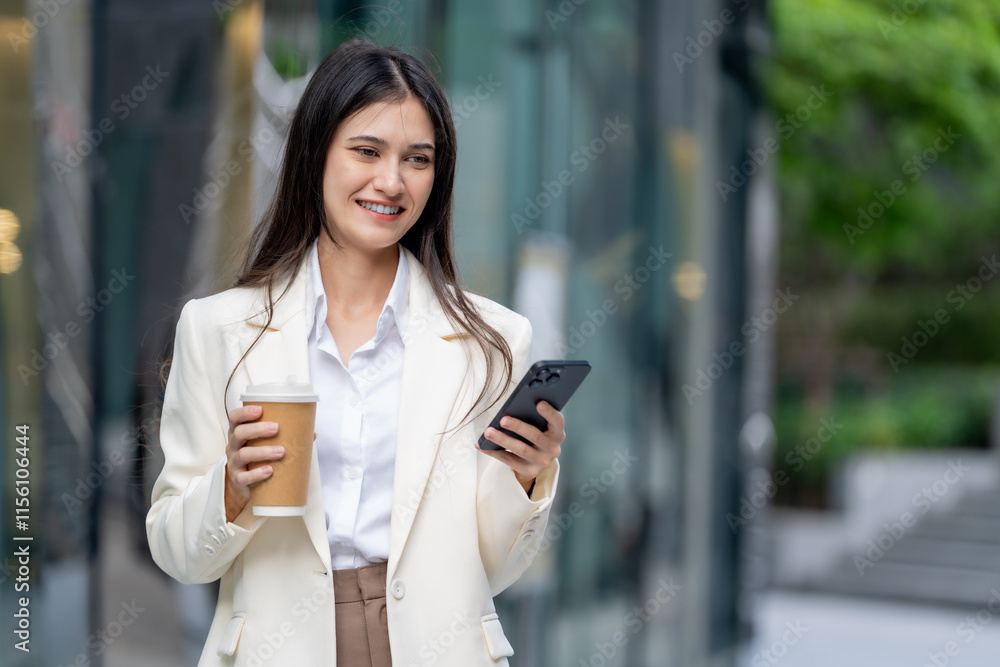 young woman in white blazer smiles while holding coffee cup and smartphone. She stands outside in modern urban setting, exuding confidence and professionalism young woman in white blazer smiles while holding coffee cup and smartphone. She stands outside in modern urban setting, exuding confidence and professionalism