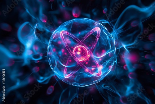 Atom with rotating electrons, energy and matter concept background photo