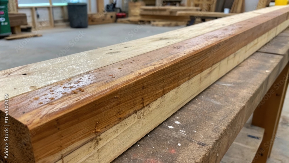 A near view of a beam that has been partially sanded revealing segments of both raw wood and smooth polished areas symbolizing the ongoing transition from intense renovation to