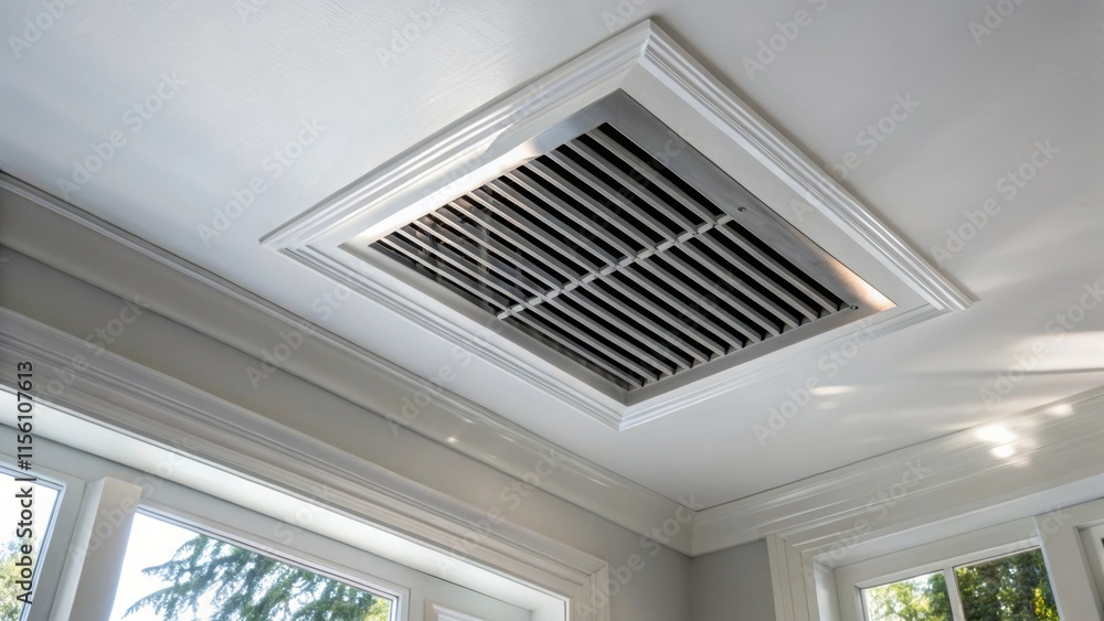 A metallic vent embedded in a crisp painted ceiling delivers a touch of elegance. The vents slatted design casts delicate shadows against the smooth white surface as sunlight
