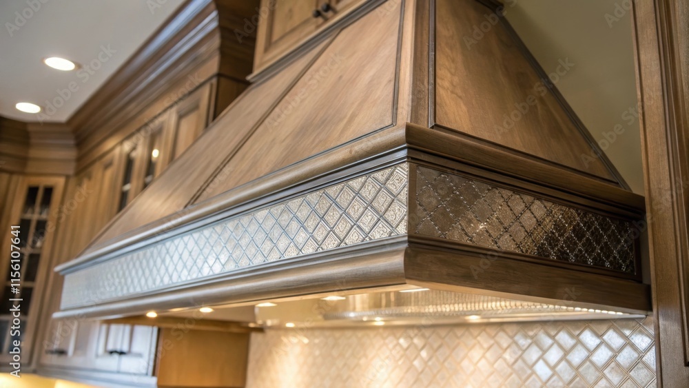 Obraz premium A macro view captures the texture of the kitchen hood vents surface with subtle reflections of light and shadow illustrating meticulous craftsmanship against the backdrop of