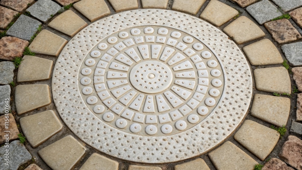 A macro view of a circular tile with a raised tactile surface surrounded by squarish and rectangular tiles their hardness contrasting against the delicate nature of the round A macro view of a circular tile with a raised tactile surface surrounded by squarish and rectangular tiles their hardness contrasting against the delicate nature of the round