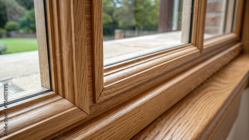 A macro image capturing the detailed joinery of a wooden window frame revealing the precision of the craftsmanship and the subtle contrast between the polished wood and the rough photo