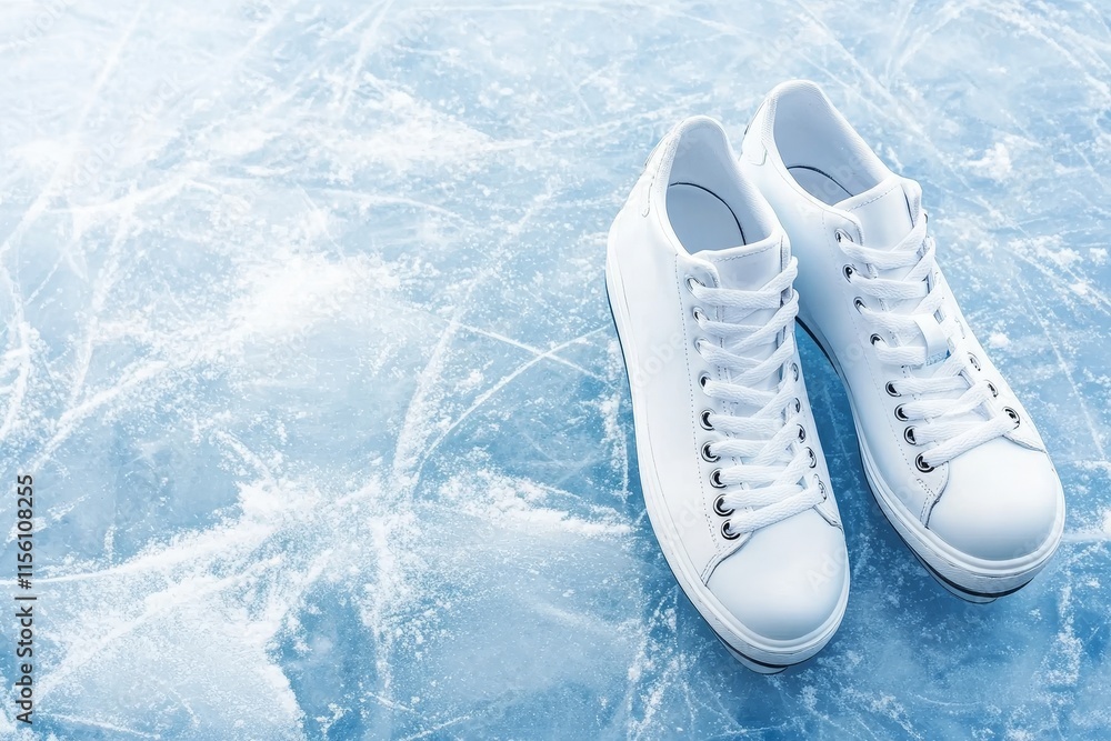A woman in white skates gracefully on ice. Equipment suitable for icy winter sports activities. Close-up image. Area available for text. Viewed from above. A woman in white skates gracefully on ice. Equipment suitable for icy winter sports activities. Close-up image. Area available for text. Viewed from above.