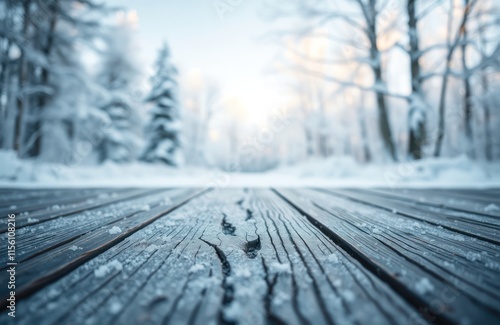 Snowy winter landscape seen from ground level. Textured wooden planks covered in frost, snow. Blurred snowy forest with ice-covered trees in background. Serene winter scene. Suitable for winter photo