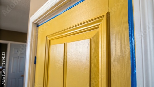 A focused view of a door frame with painters tape applied to ensure a clean separation between the freshly painted mustard yellow door and the wall. photo