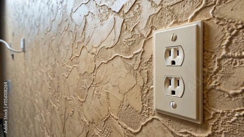 A focus on a textured wall with an unboxed electrical outlet where the unique patterns of the wall finish contrast with the functionality of the outlet adding an unexpected