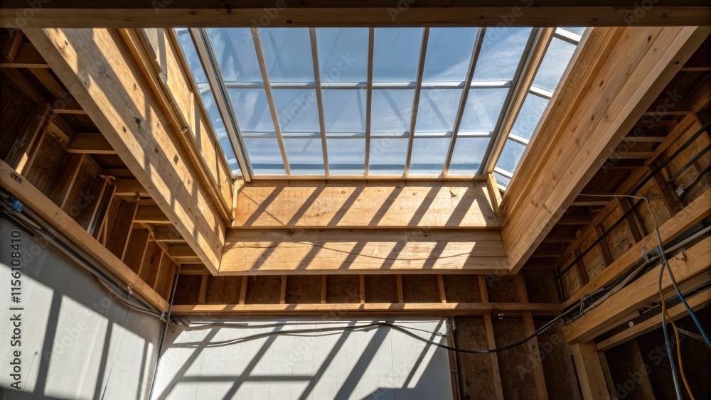 Obraz premium A dynamic view of the skylight from the side showcasing shadows cast by the protective cover alongside exposed beams and electrical wiring awaiting completion.