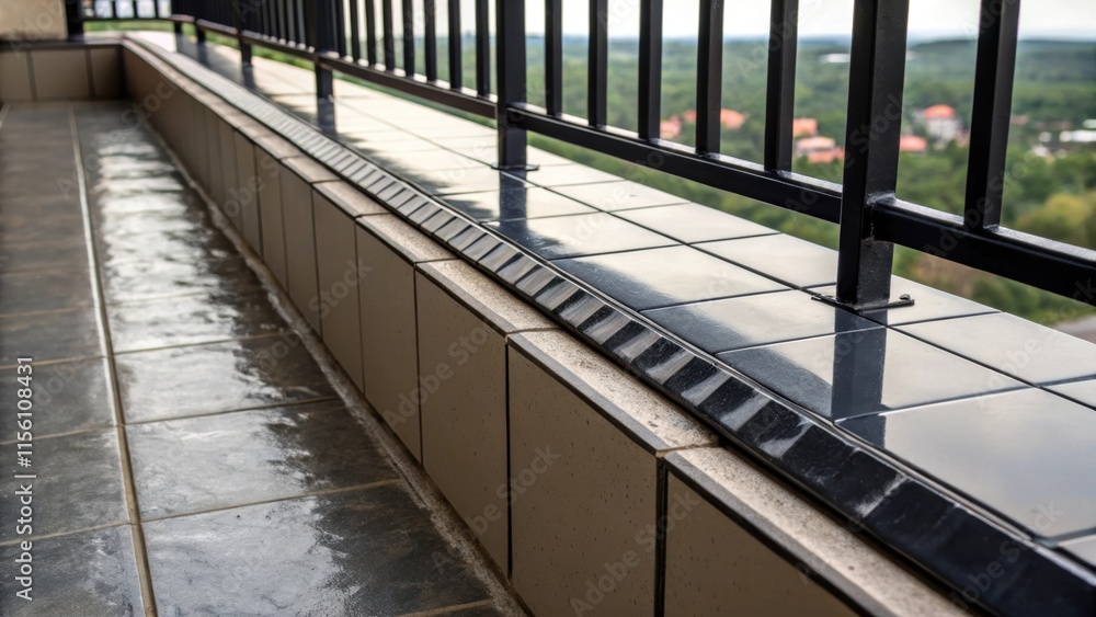 A dramatic closeup of the edge where the balcony tiles meet the railing revealing gaps and the contrasts between the glossy tiles and raw unfinished surfaces below. A dramatic closeup of the edge where the balcony tiles meet the railing revealing gaps and the contrasts between the glossy tiles and raw unfinished surfaces below.