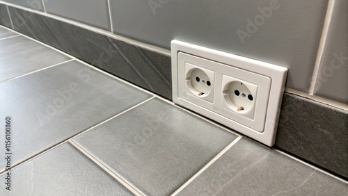 A detailed shot of a flushmounted outlet with the edge perfectly aligned with the gray tile floor accentuating the clean lines and the seamless integration of electrical fixtures photo