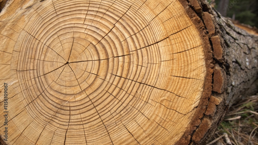 Naklejka premium A crosssection of a thick timber reveals delicate rings of growth the transition from dark heartwood to pale sapwood adding visual interest to the rugged scene.