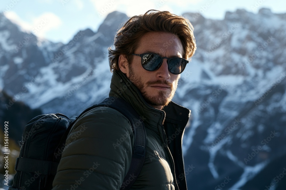 A happy man in sunglasses is seen relaxing at a ski resort, embodying the spirit of a winter holiday weekend. A happy man in sunglasses is seen relaxing at a ski resort, embodying the spirit of a winter holiday weekend.
