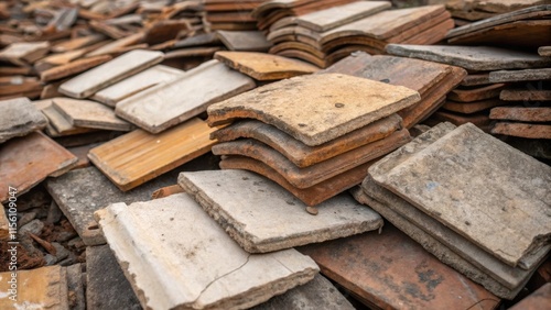 A densely packed pile of cracked tiles features a mix of light and dark shades with dirt and dust collecting in the crevices hinting at the history of the place before renovation. photo