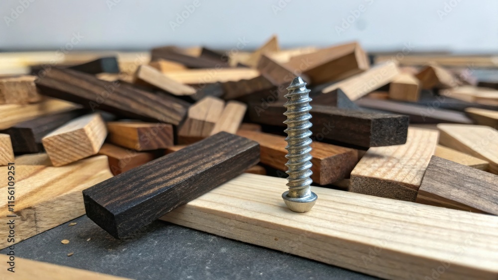A collection of trimmedoff wooden pieces rests haphazardly showcasing a mix of dark and light hues while a single shiny metal screw glimmers a the debris. A collection of trimmedoff wooden pieces rests haphazardly showcasing a mix of dark and light hues while a single shiny metal screw glimmers a the debris.