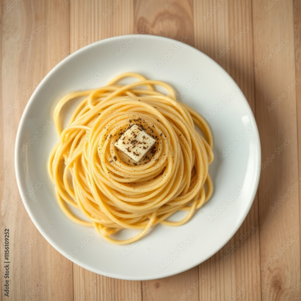 Delicious classic Italian cacio e pepe pasta dish. Spaghetti noodles piled high on white plate. Small square of butter sits atop pasta surrounded by freshly ground black pepper. Dish culinary Delicious classic Italian cacio e pepe pasta dish. Spaghetti noodles piled high on white plate. Small square of butter sits atop pasta surrounded by freshly ground black pepper. Dish culinary