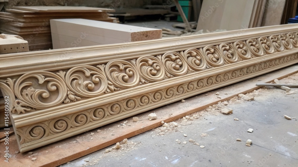 A collection of intricately carved moldings exhibits detailed scrollwork peeking out from beneath a layer of construction debris on the floor. A collection of intricately carved moldings exhibits detailed scrollwork peeking out from beneath a layer of construction debris on the floor.