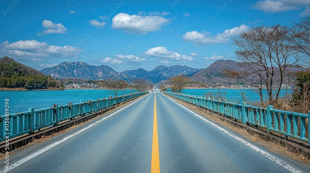 A serene road stretches toward mountains and water under a clear blue sky. A serene road stretches toward mountains and water under a clear blue sky.