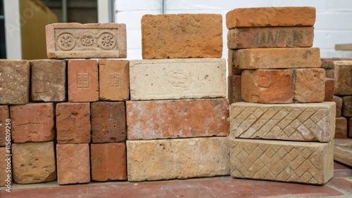 A collection of stacked bricks with varying sizes and shapes each one telling a story through its individual wear and weathering. photo