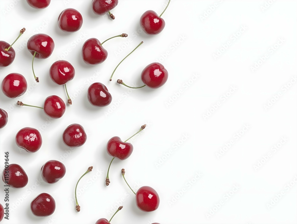 red cherries scattered on a white background, creating a visually appealing and slightly asymmetrical arrangement, ideal for a food blog or social media post red cherries scattered on a white background, creating a visually appealing and slightly asymmetrical arrangement, ideal for a food blog or social media post