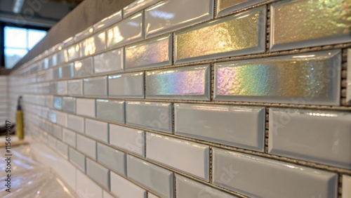 A closeup shot of shimmering glass tiles partially adhered to the wall revealing visible spacers and the glossy reflection of ambient lighta promise of elegance still coming photo