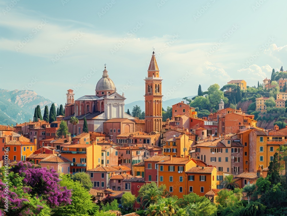 Fototapeta premium A scenic panorama of a hillside town with vibrant terracotta rooftops, featuring a blend of lush greenery and historic architecture under a clear sky.