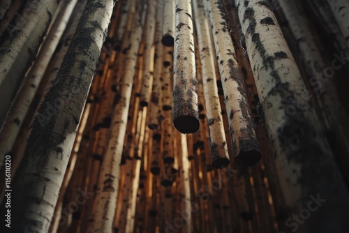 Birch tree trunks hanging in a dense array photo