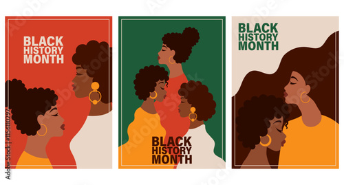 Black History Month with African American Women. Poster Set. Flat Style Illustration, Templates